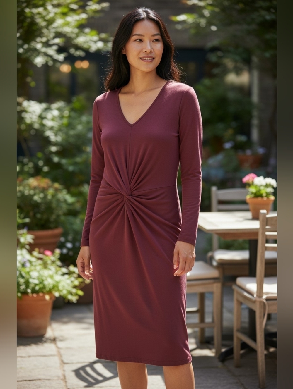 Lands' End Twist-Front Long Sleeve Dress in Burgundy